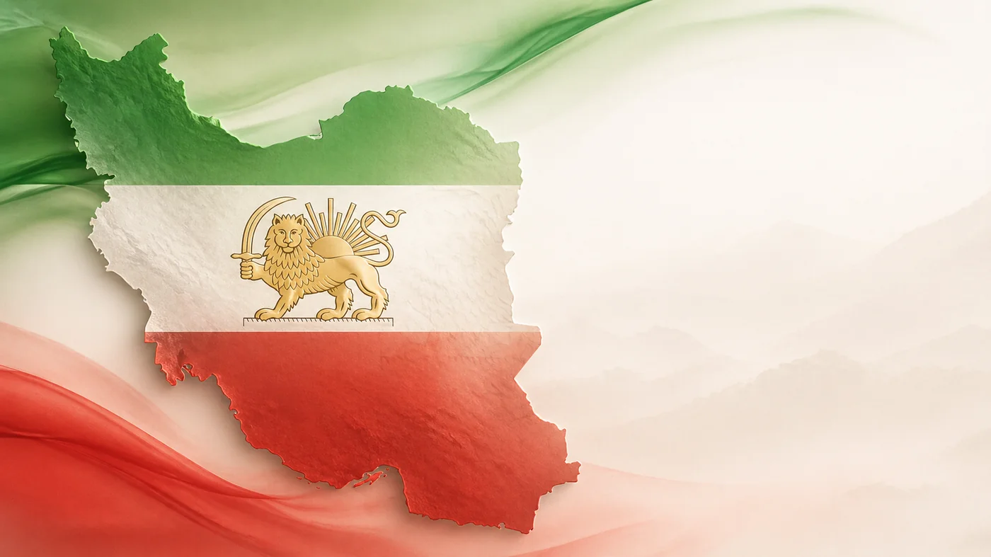 Map of Iran with the Lion and Sun flag