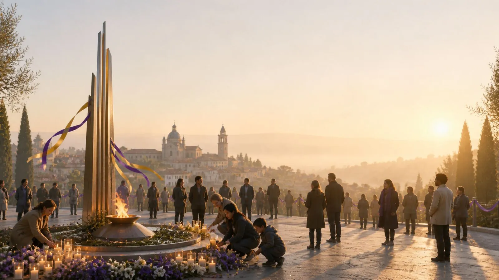 Memorial gathering at sunset with candles